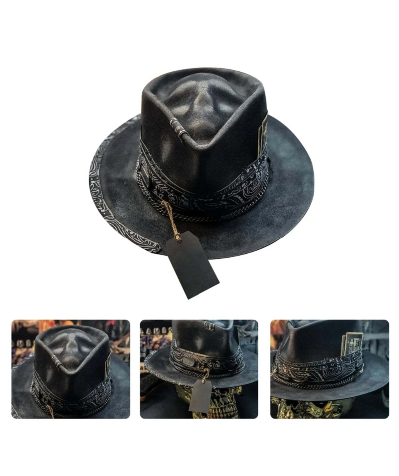 Skull Crown Felt Fedora Hat with Paisley Band and Decorative Chain