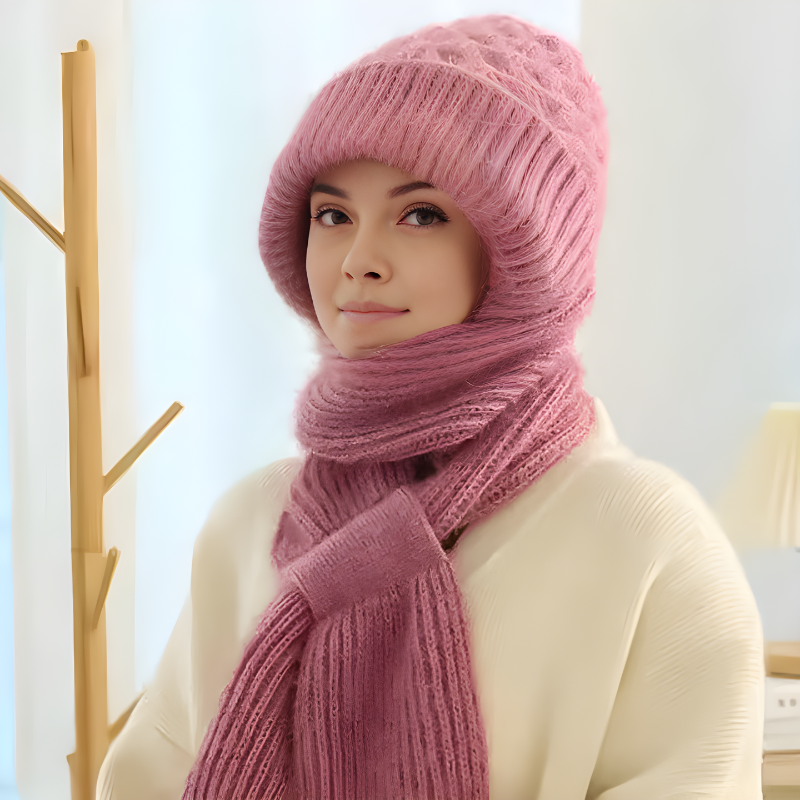 Knitted Winter Hat with Integrated Scarf – 2-in-1 Design