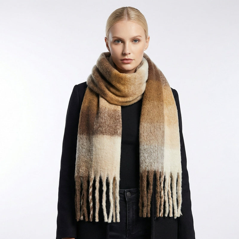 Oversized Woven Winter Scarf with Fringed Gradient Design