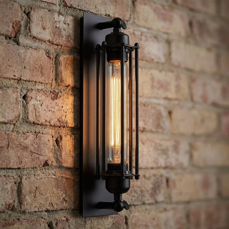 Vintage Industrial Wall Sconce with Metal Cage & Glass Cylinder