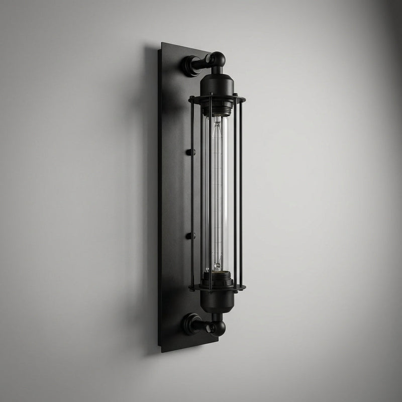 Vintage Industrial Wall Sconce with Metal Cage & Glass Cylinder