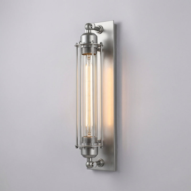 Vintage Industrial Wall Sconce with Metal Cage & Glass Cylinder