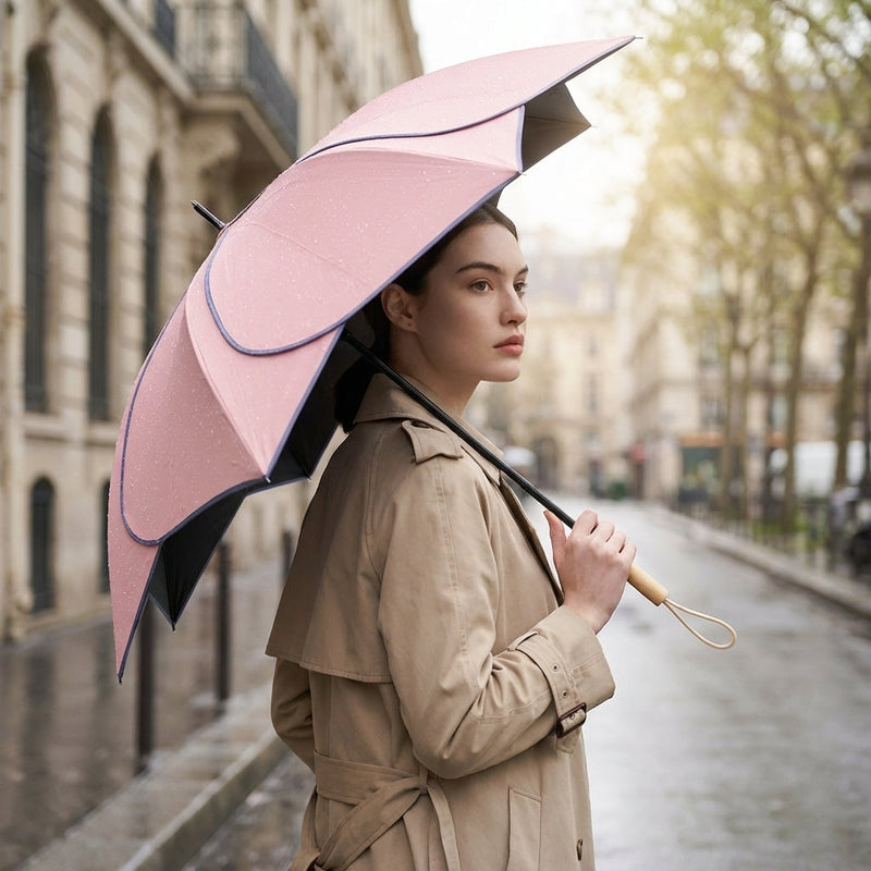 Petal Umbrella with Wooden Handle and Coated Canopy for Rainy Days