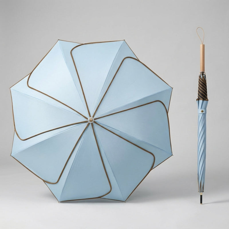 Petal Umbrella with Wooden Handle and Coated Canopy for Rainy Days