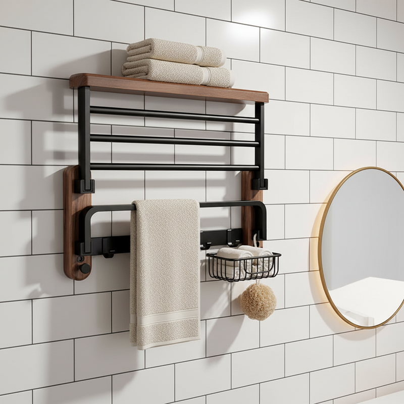 Walnut Wood Towel Rack with Folding Shelf, Hanging Rail and Hooks