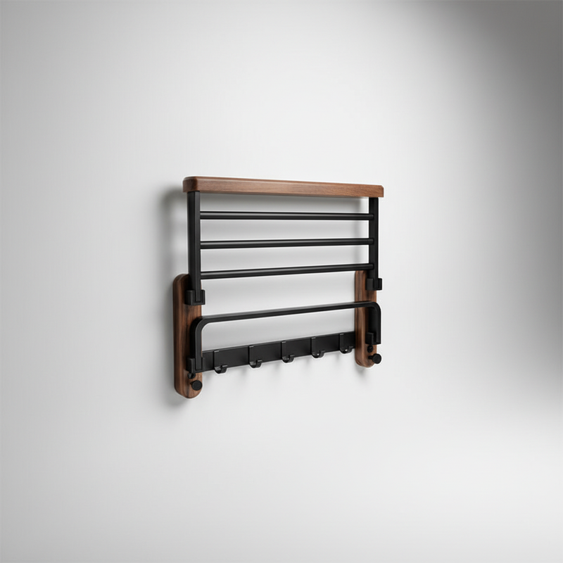 Walnut Wood Towel Rack with Folding Shelf, Hanging Rail and Hooks