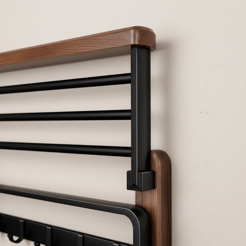 Walnut Wood Towel Rack with Folding Shelf, Hanging Rail and Hooks