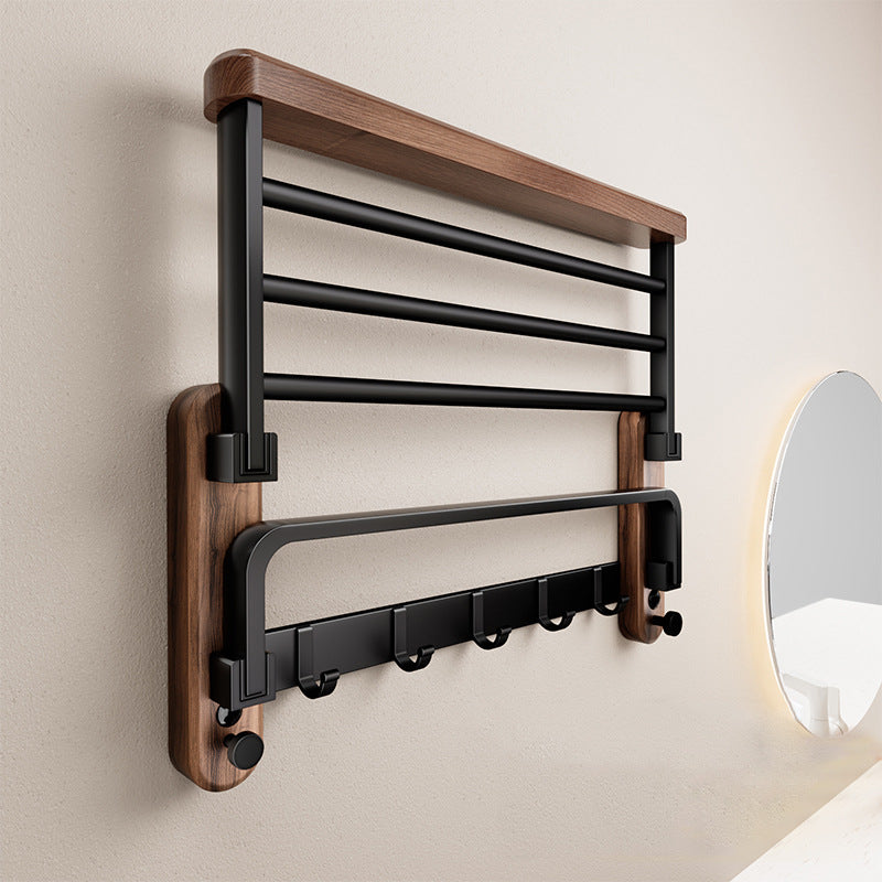 Walnut Wood Towel Rack with Folding Shelf, Hanging Rail and Hooks