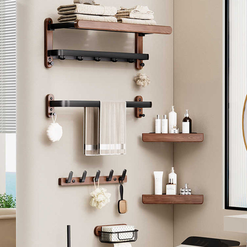 Walnut Wood Towel Rack with Folding Shelf, Hanging Rail and Hooks