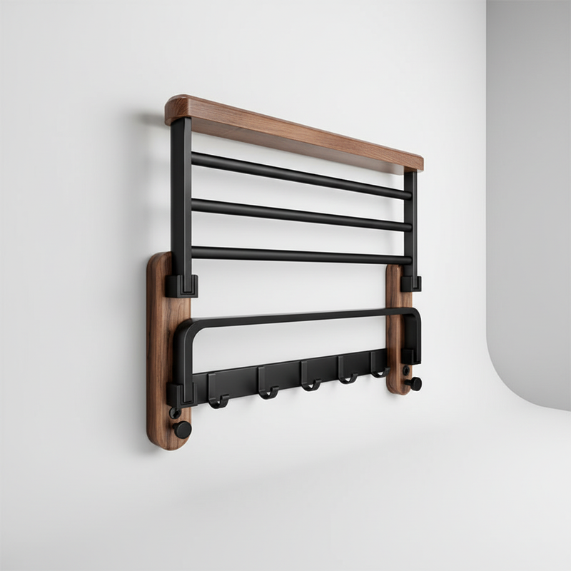 Walnut Wood Towel Rack with Folding Shelf, Hanging Rail and Hooks