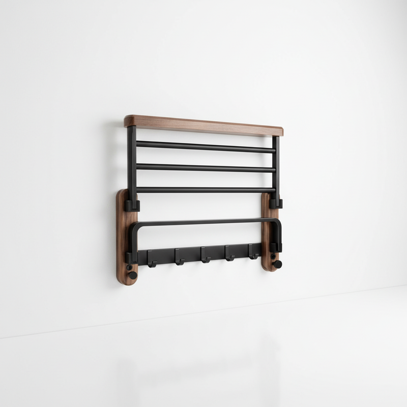 Walnut Wood Towel Rack with Folding Shelf, Hanging Rail and Hooks