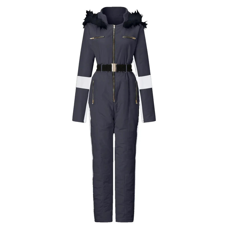 Women's Hooded Ski Suit with Belt and Removable Collar