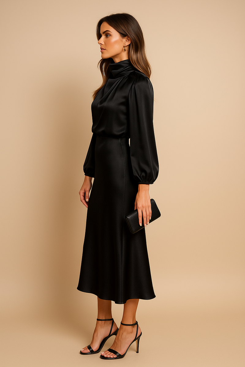 Ladies Elegant Midi Dress with High Neck and Flowing Fit