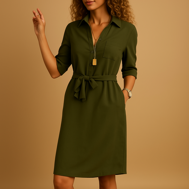 Summer Dress Ladies' Blouse Dress with Belt and Button Closure