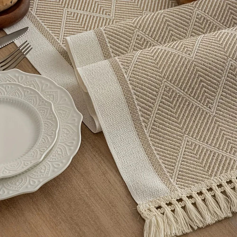 Woven Table Runner with Zigzag Pattern and Fringes for Stylish Tables