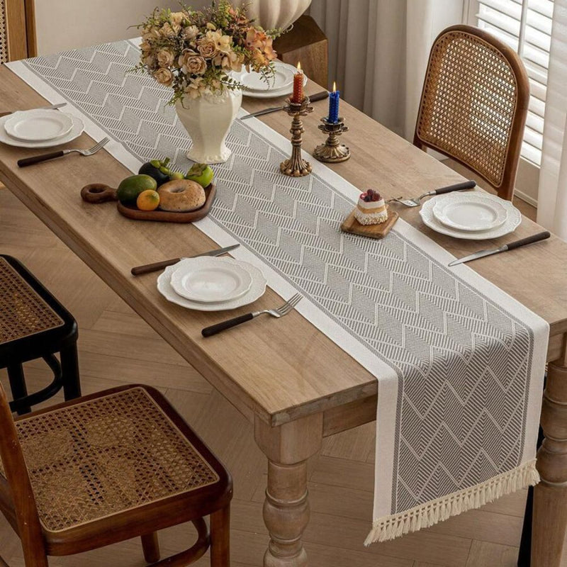 Woven Table Runner with Zigzag Pattern and Fringes for Stylish Tables