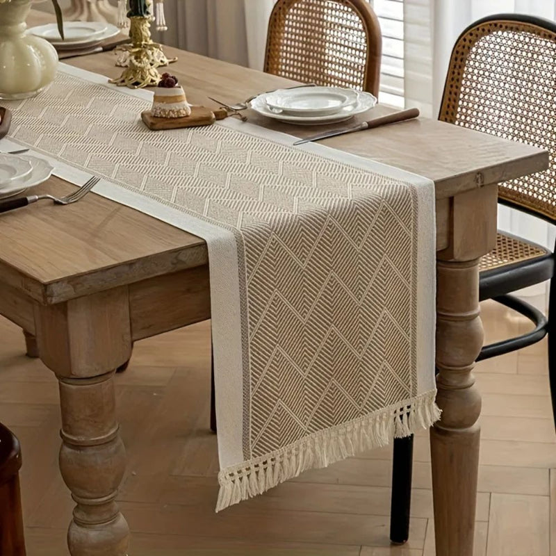 Woven Table Runner with Zigzag Pattern and Fringes for Stylish Tables