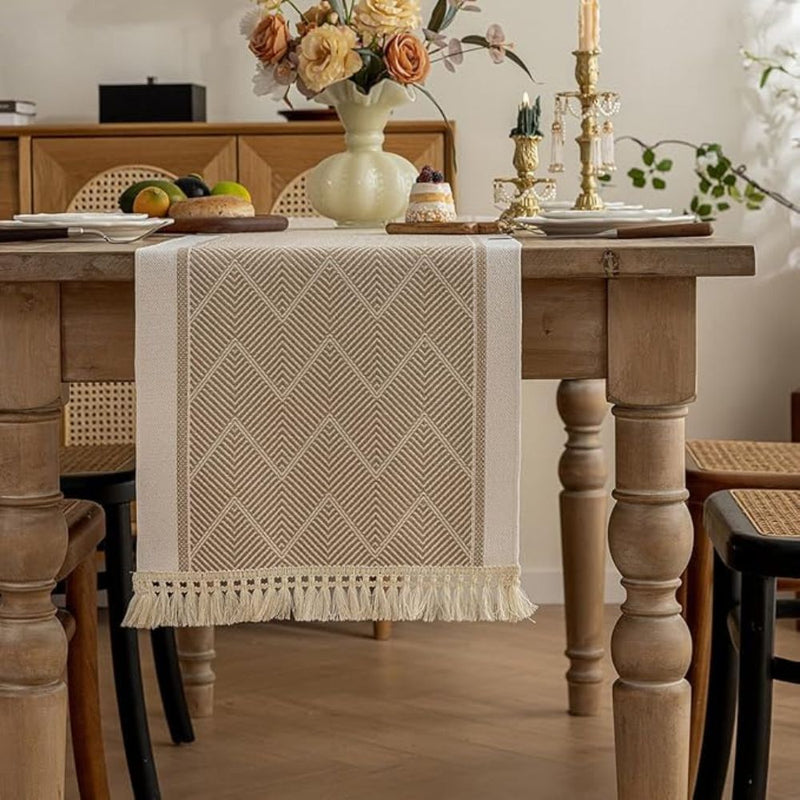 Woven Table Runner with Zigzag Pattern and Fringes for Stylish Tables