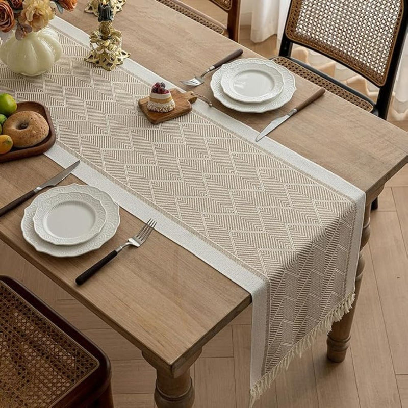 Woven Table Runner with Zigzag Pattern and Fringes for Stylish Tables