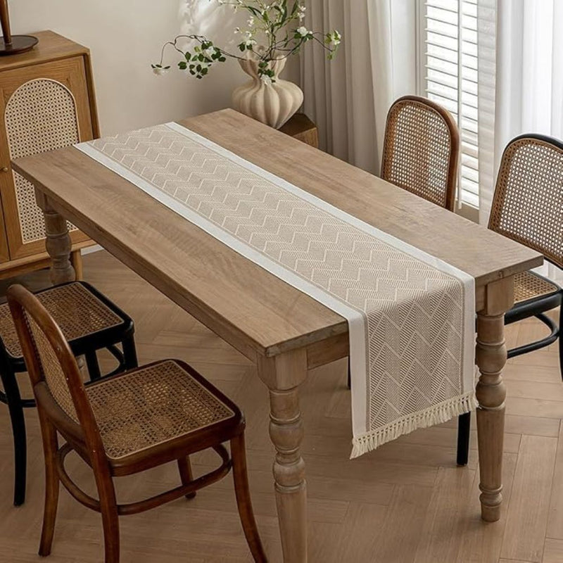 Woven Table Runner with Zigzag Pattern and Fringes for Stylish Tables