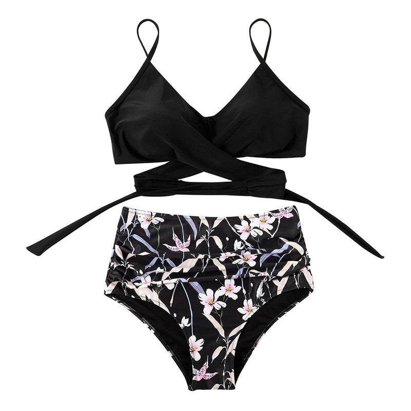 Ladies High Waist Bikini with Tropical Print and Pads