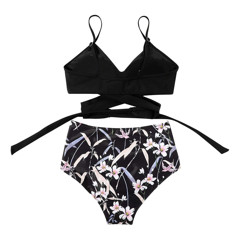 Ladies High Waist Bikini with Tropical Print and Pads