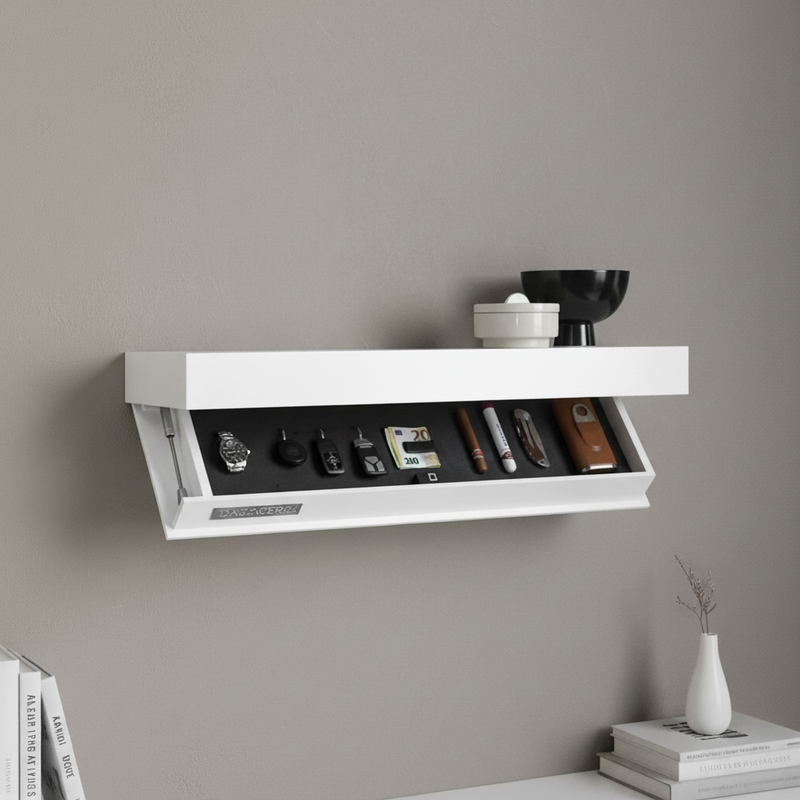 Floating Wooden Wall Shelf with Hidden Storage Compartment and Flap