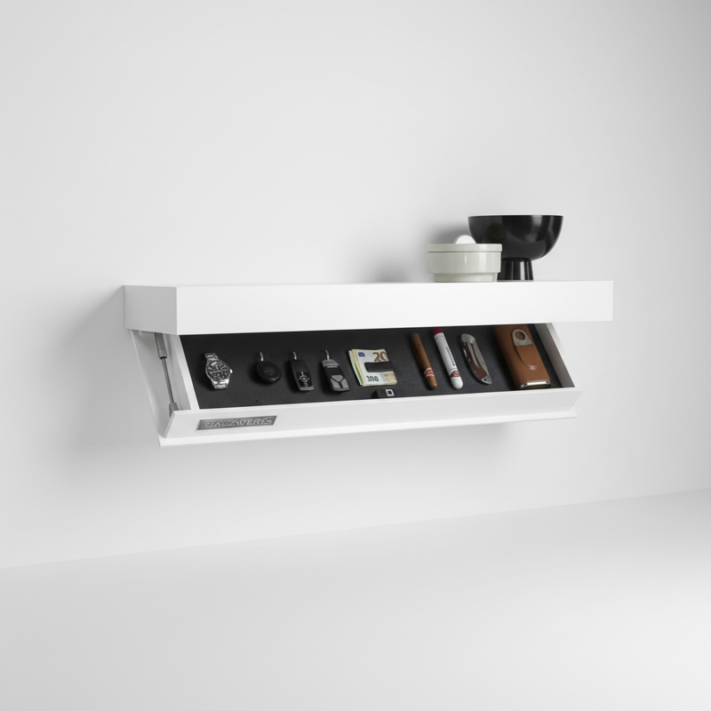Floating Wooden Wall Shelf with Hidden Storage Compartment and Flap