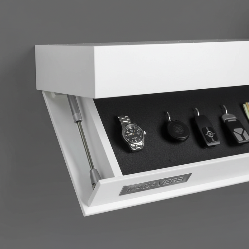 Floating Wooden Wall Shelf with Hidden Storage Compartment and Flap