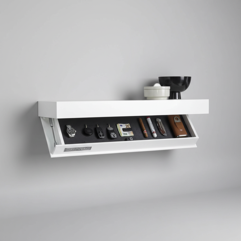 Floating Wooden Wall Shelf with Hidden Storage Compartment and Flap