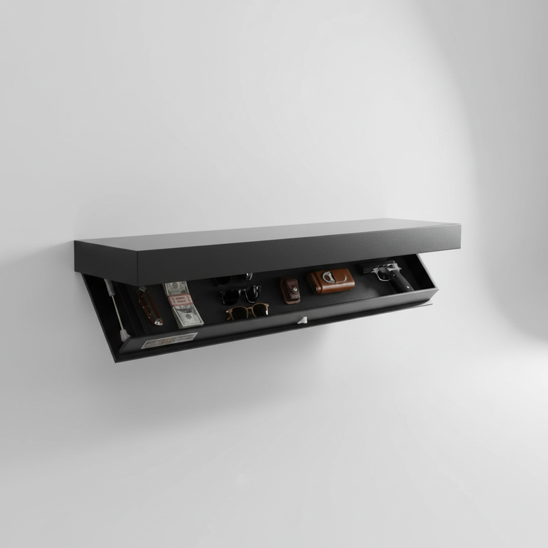 Floating Wooden Wall Shelf with Hidden Storage Compartment and Flap