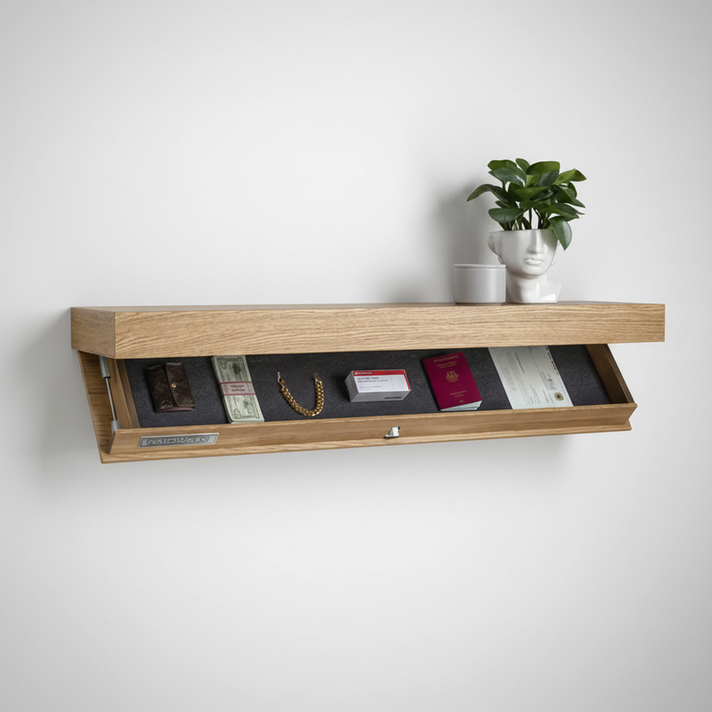 Floating Wooden Wall Shelf with Hidden Storage Compartment and Flap