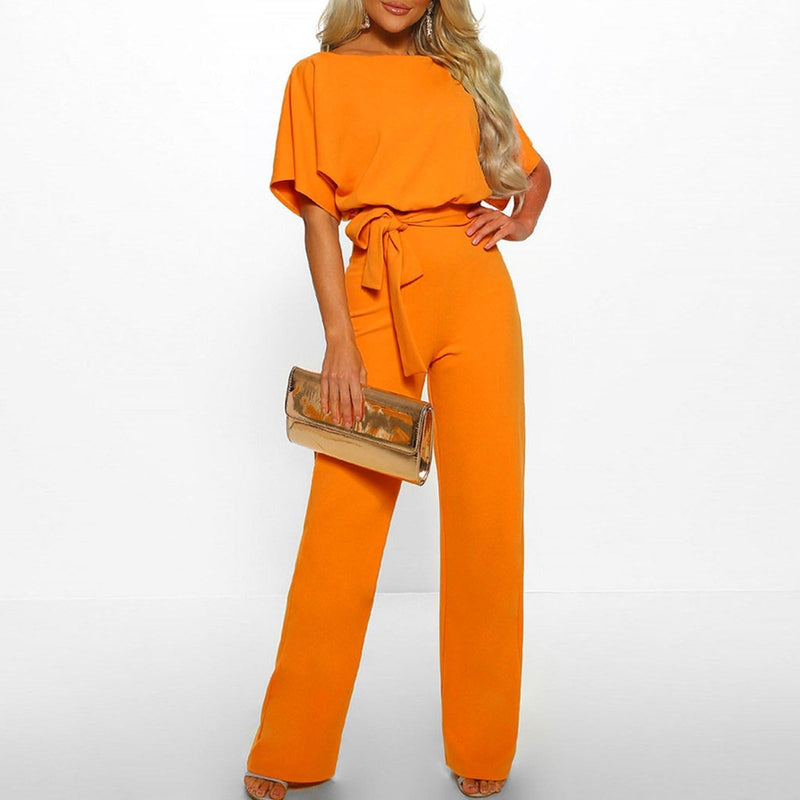 Elegant Ladies' Jumpsuit with Short Sleeves and Waist Belt – Comfortable and Stylish for Formal Occasions