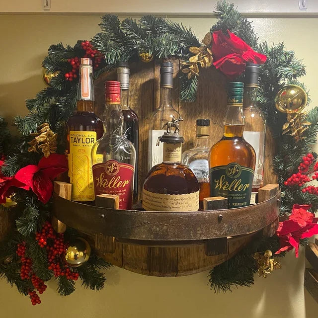 Wooden Wall-Mounted Drinks Display with Rustic and Industrial Look
