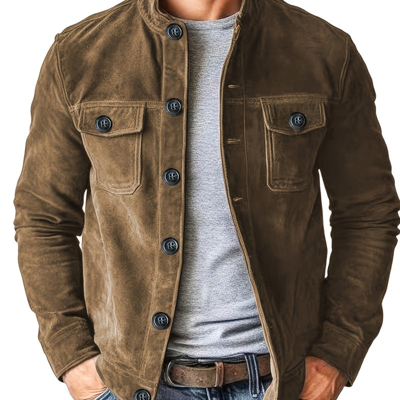 Men's Casual Jacket with Buttons and Stand-Up Collar – Vintage Work Jacket for Spring and Autumn
