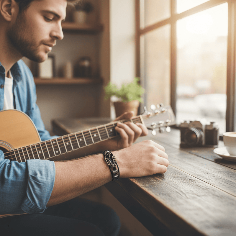 Unisex Leather Bracelet with Guitar-Inspired Design for Everyday Wear