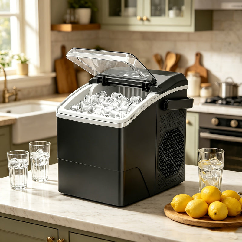 Compact Ice Cube Maker with Two Ice Cube Sizes and Quick Production