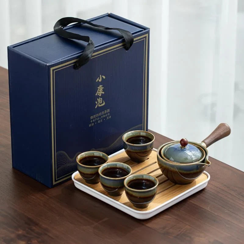 Porcelain Gongfu Tea Set with Wooden Side Handle & Fitted Lid