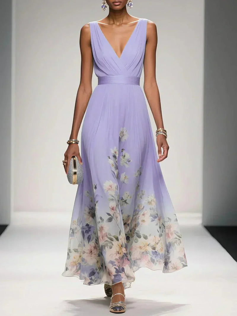 Ladies' Summer Dress with Floral Print and V-Neck for Weddings