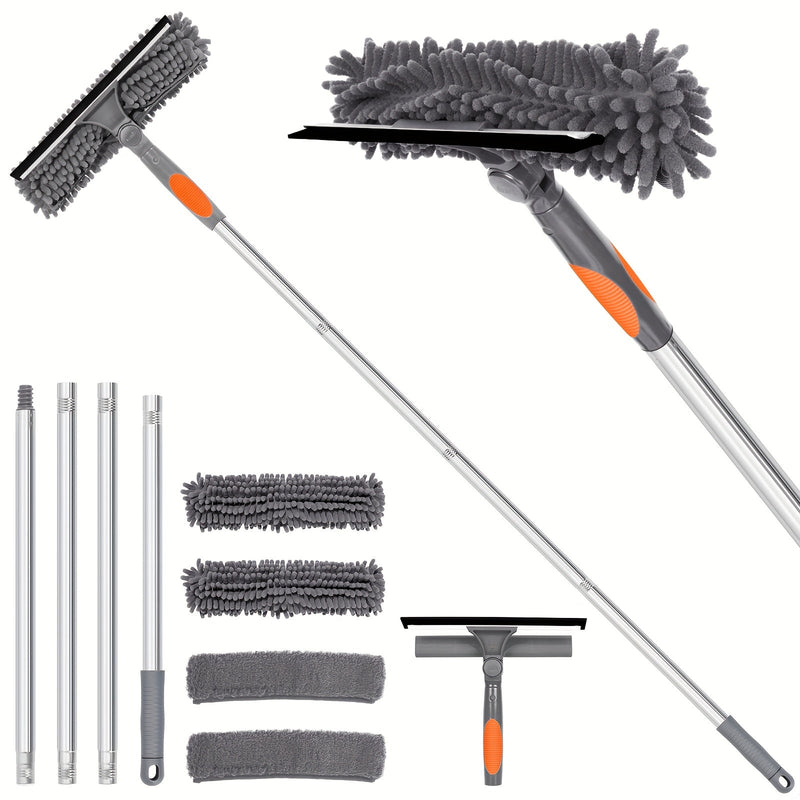 2-in-1 Window Cleaning Tool with Telescopic Handle and Microfibre Pads