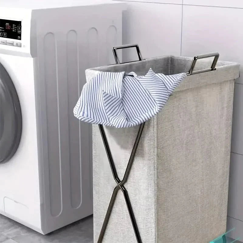 Foldable Laundry Basket with Metal Frame and Woven Fabric Storage Bag