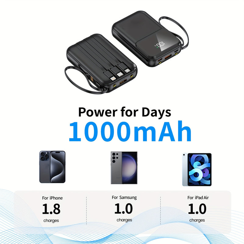 Ultimate Portable Power Bank 10000mAh - Fast Charging with Built-in Cables