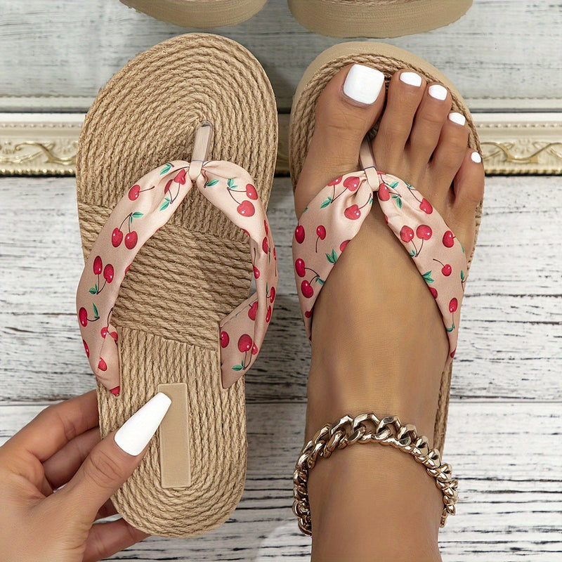 Ladies Flip Flops with Cherry Print and Flat Sole for Summer