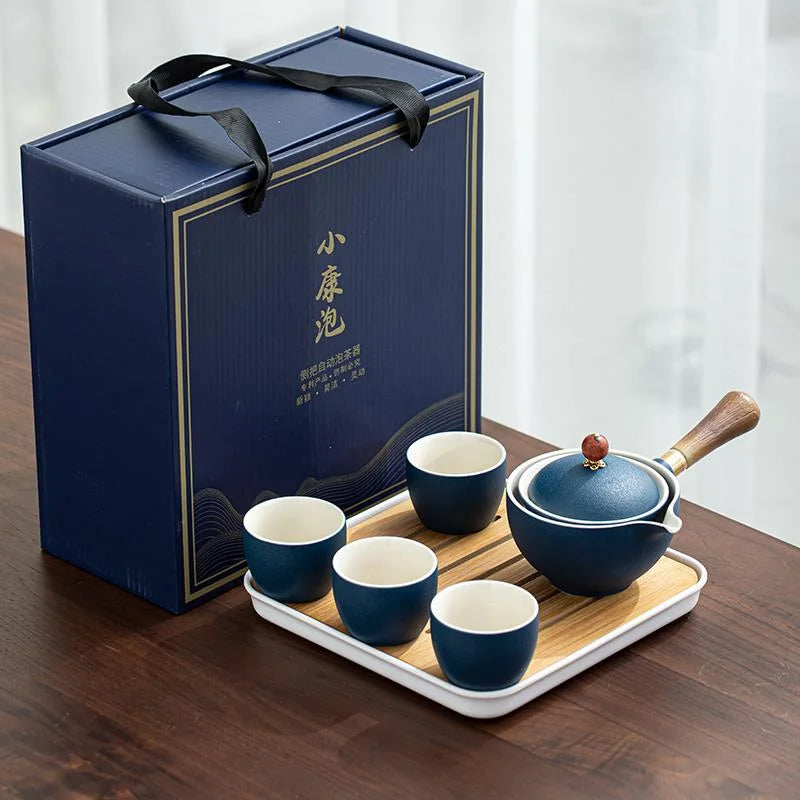 Porcelain Gongfu Tea Set with Wooden Side Handle & Fitted Lid