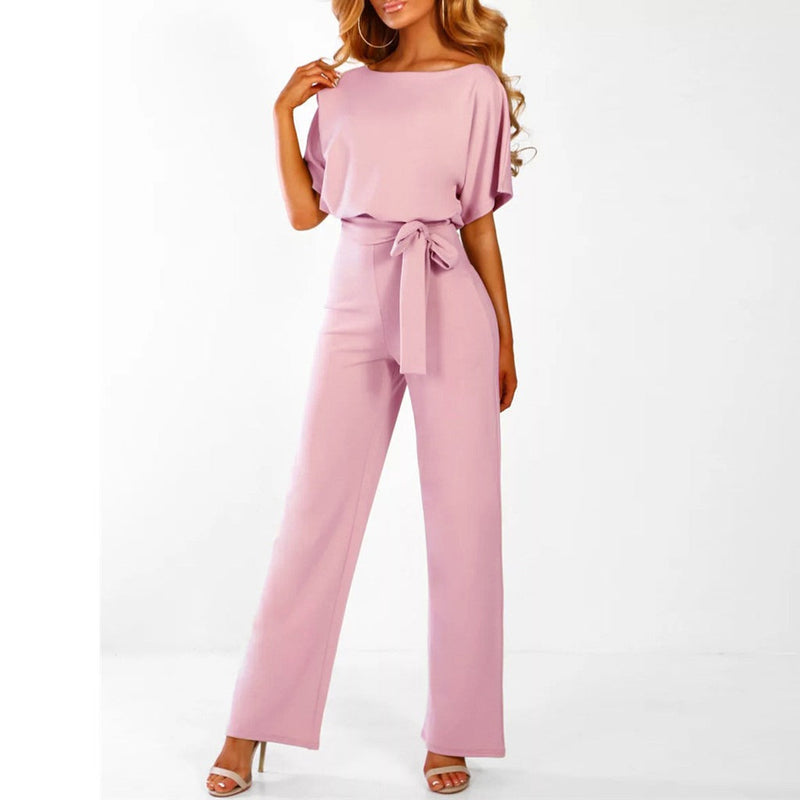 Elegant Ladies' Jumpsuit with Short Sleeves and Waist Belt – Comfortable and Stylish for Formal Occasions