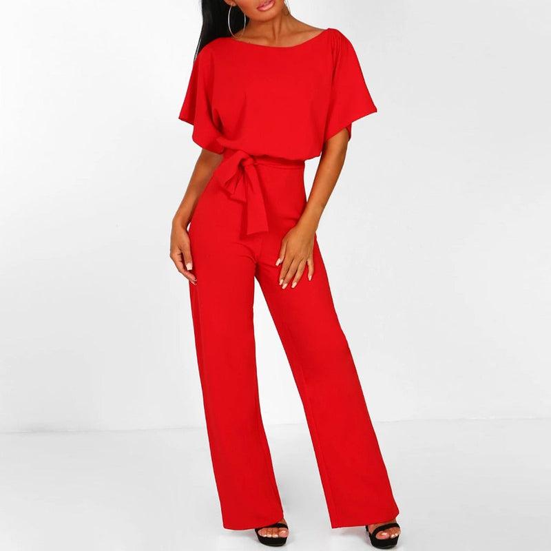 Elegant Ladies' Jumpsuit with Short Sleeves and Waist Belt – Comfortable and Stylish for Formal Occasions