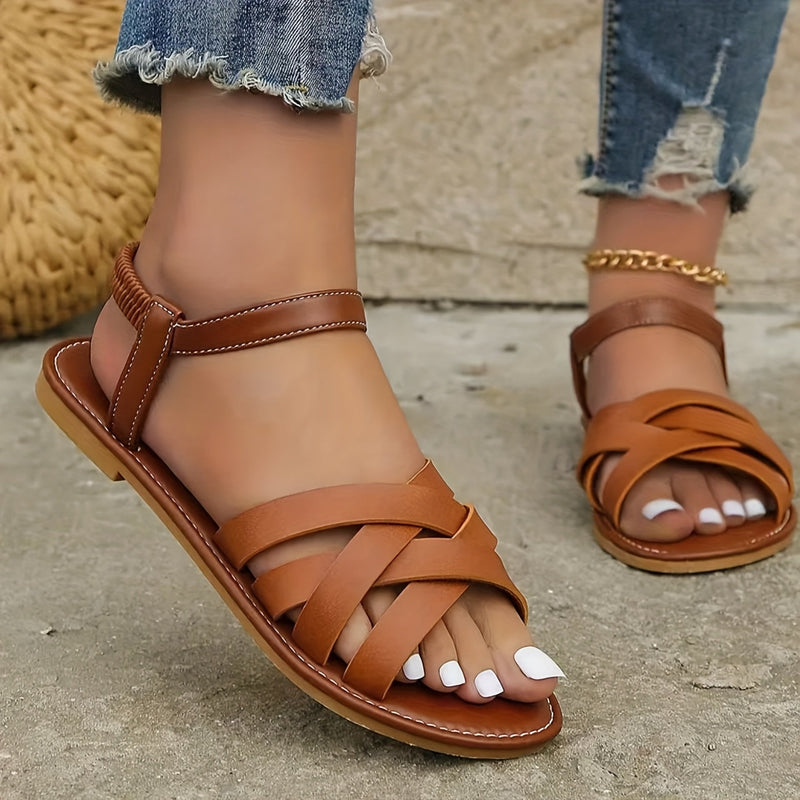 Elegant Ladies' Sandals with Crossed Straps and Comfortable Flat Sole