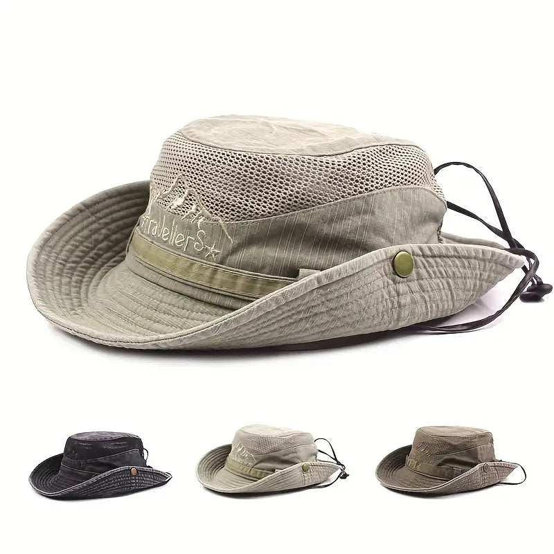 Sun Hat with Wide Brim, Mesh Panels and Adjustable Chin Cord