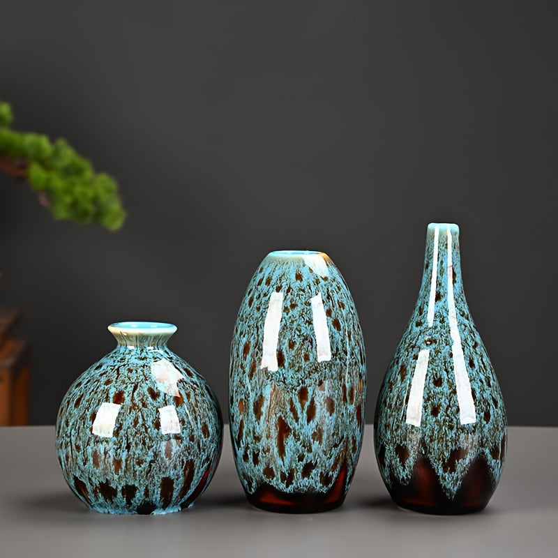 Set of Three Ceramic Mini Vases with Blue Glazed Texture