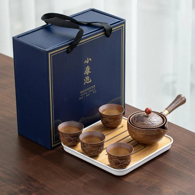 Porcelain Gongfu Tea Set with Wooden Side Handle & Fitted Lid